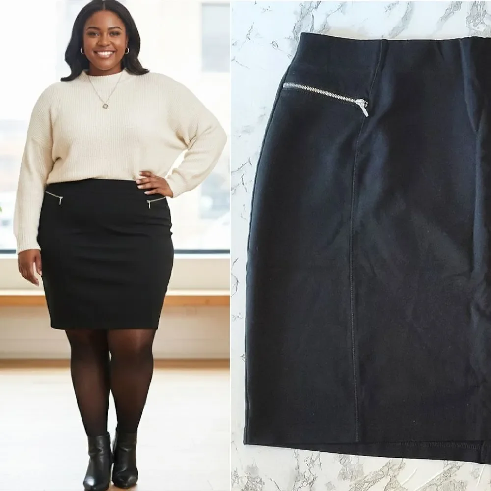 Roz & Ali Black Stretch Zipper‎ Details Pull On Mini Skirt Plus 2X